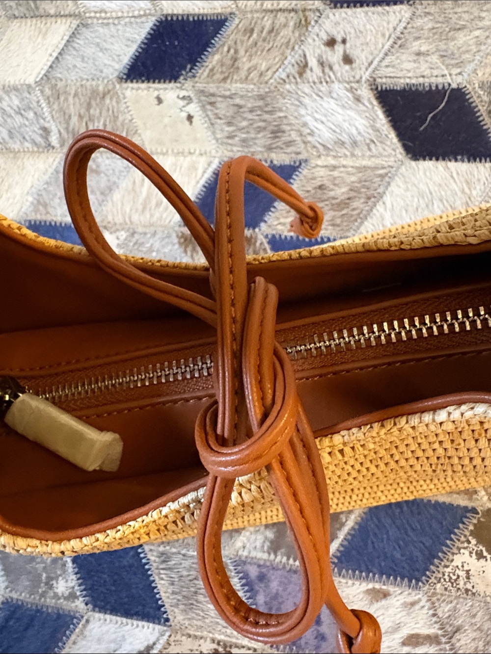 Woven Straw Hobo Bag with Brown Leather Trim - Picture 2 of 7